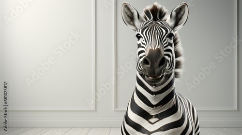 Zebra close up. Black and white zebra portrait on home white background with copy space