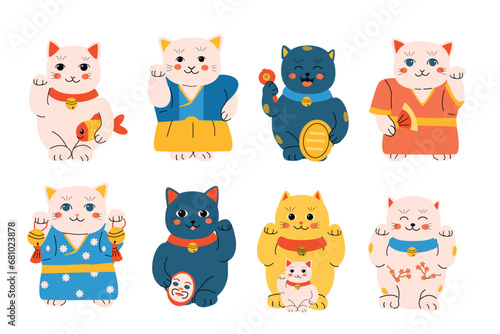 cartoon oriental maneki neko - cat figurine set 