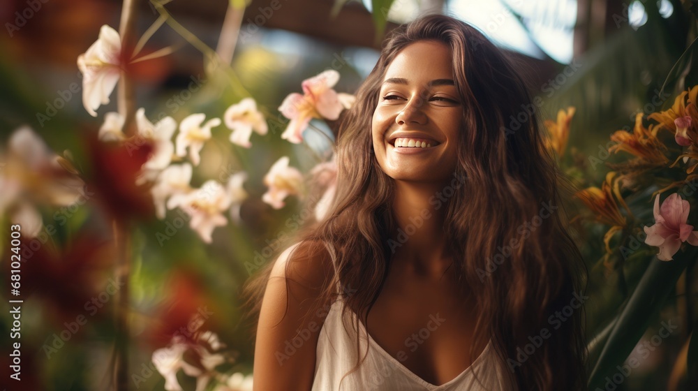 Close-up of beautiful young woman's tanned face with natural makeup in the forest Close-up of beautiful young woman's tanned face with natural makeup in the forest