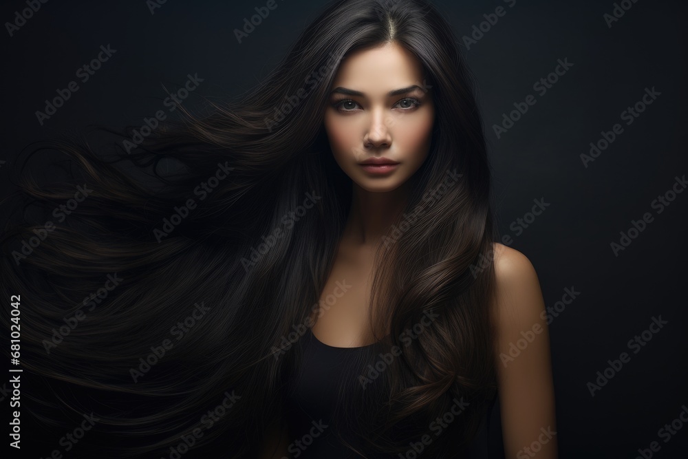 The Enigmatic Beauty of a Woman with Flowing Locks Embraced by Darkness