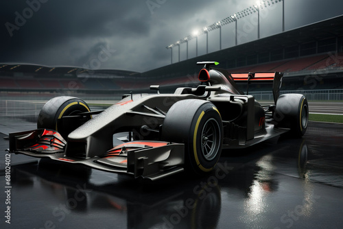 Generative AI illustration of sleek Formula 1 racing car positioned on a wet racetrack under stormy skies illuminated by stadium lights