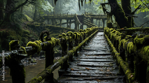 wooden walkway through in deep rain forest with morning light