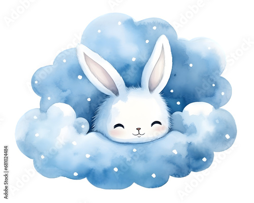 Cute cartoon rabbit sleeping on blue clouds watercolor illustration isolated on transparent background © Oksana