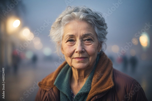 Close-up portrait of a pensive elderly gray-haired woman against the backdrop of city lights.