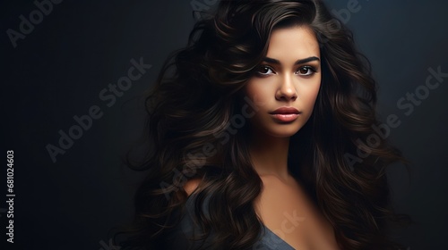 Beautiful girl with long shiny curly hair Beautiful smiling woman Model with wavy hairstyle Cosmetics and makeup