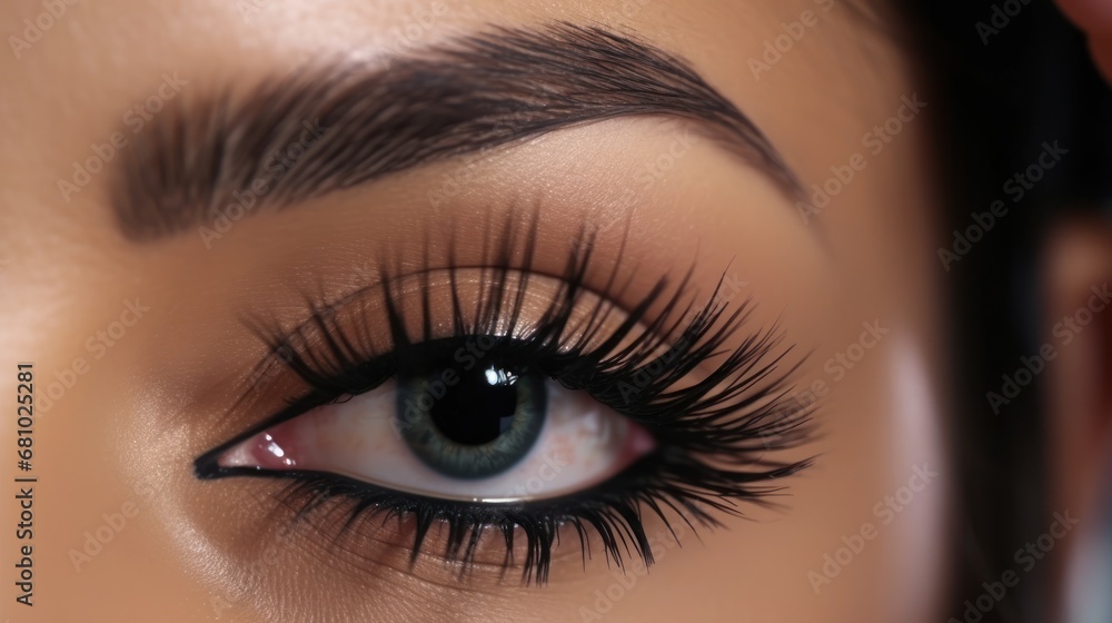 Obraz premium Close-up of woman wearing sparkling makeup Girl's eyes in fashion profile, pink, purple sequins makeup