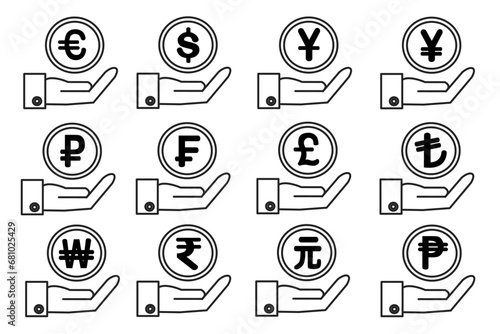 Currency exchange icon set. Dollar, euro, pound, yen, yuan, franc, rupee, peso, won, ruble, New Taiwan Dollar, lira photo