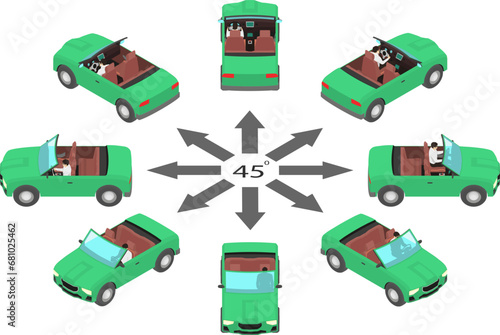 Rotation of cabriolet by 45 degrees. Green cars with drop top in isometric view.