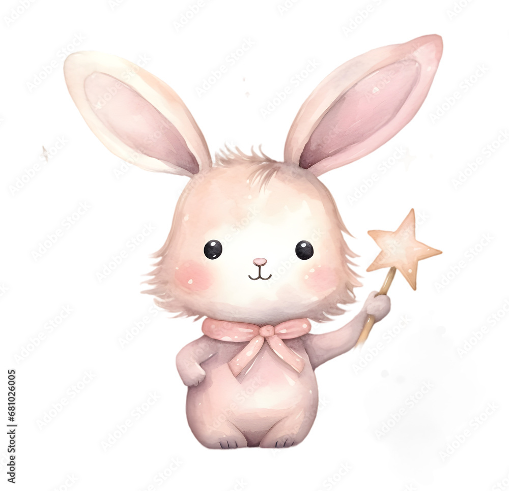 Obraz premium Cute cartoon pink rabbit sitting on soft clouds watercolor illustration isolated on transparent background