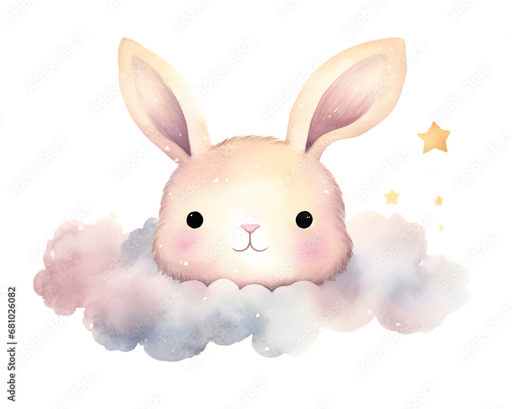 Obraz premium Cute cartoon pink rabbit sleeping on soft clouds watercolor illustration isolated on transparent background