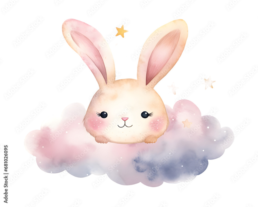 Cute cartoon pink rabbit sleeping on soft clouds watercolor illustration isolated on transparent background Cute cartoon pink rabbit sleeping on soft clouds watercolor illustration isolated on transparent background