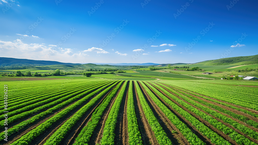 Majestic Panorama of Vast Agricultural Splendor, Capturing the Breathtaking Beauty of a Expansive Green Landscape Adorned with Rich Crops and Tranquil Beauty