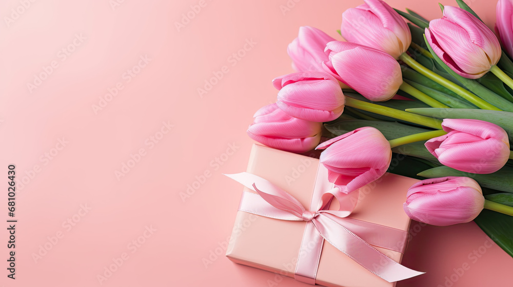 Bouquet of tulips and gift wit ribbon, Gift for Valentine's Day , Valentine banner, copy space Bouquet of tulips and gift wit ribbon, Gift for Valentine's Day , Valentine banner, copy space