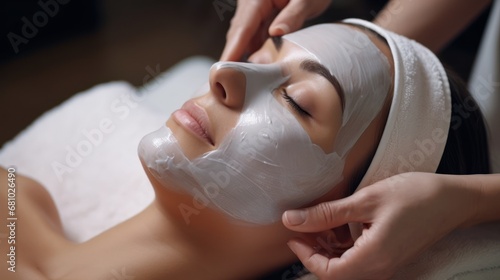 Closed face of woman receiving spa treatment Deeply clean the facial skin. Massage your face with a facial mask.