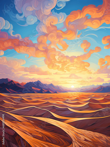A Landscape With Mountains And Clouds - Sand dunes over sunrise sky in Death Valley CA