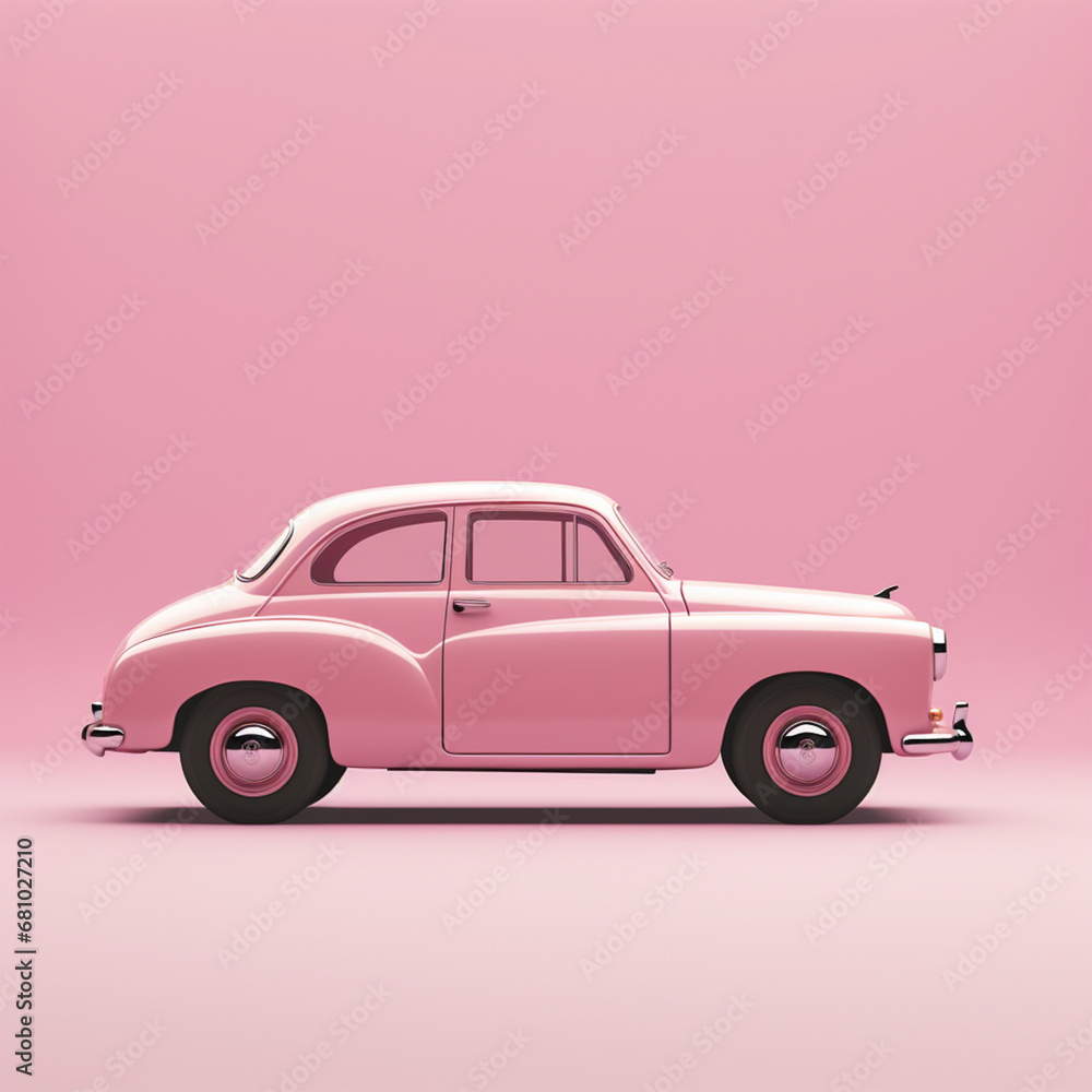 The city skyline fades into the background as the pink car takes center stage.
