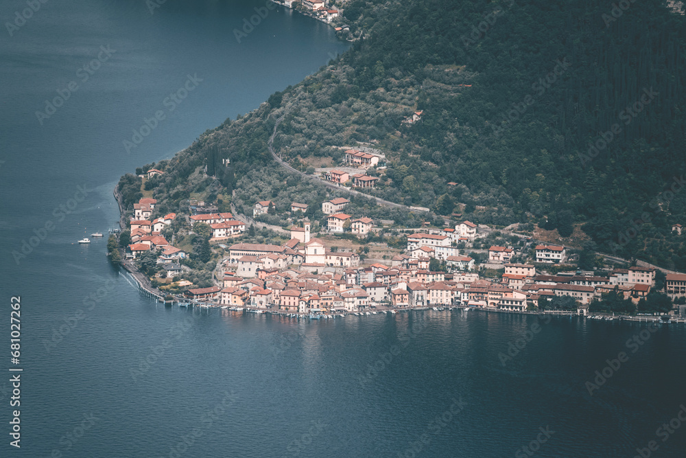 view of the town on the coast of iseo lake in italy