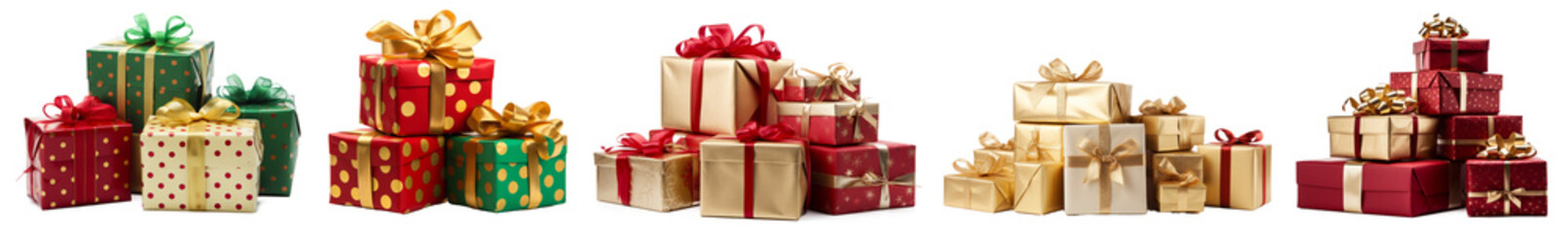 Pile of Christmas gift boxes isolated on transparent background. set of christmas boxes