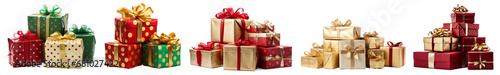 Pile of Christmas gift boxes isolated on transparent background. set of christmas boxes