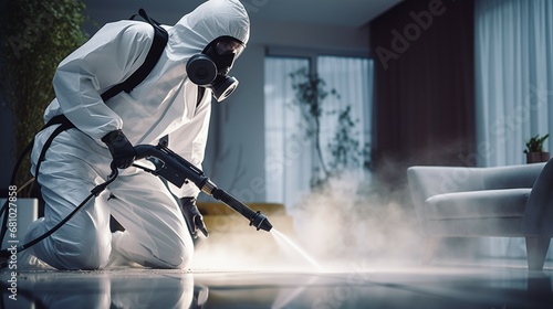Close up photo of pest control service guy spraying poisonous gas on the floor of contemporary apartment in a mask and a white protective suit photo