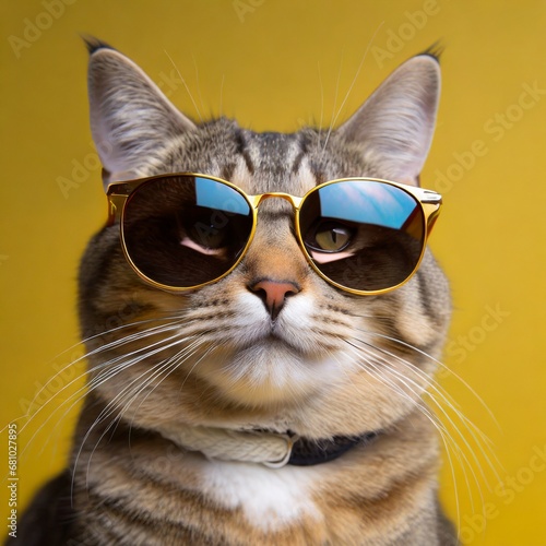 A close up of a cat wearing a sunglasses; looking straight to camera; hyper realistic photo; solid yellow background; copy space for text