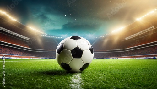 A soccer ball on a green grass stadium background; hyper realistic photo