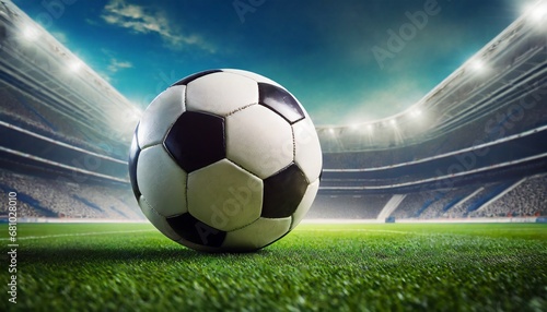A soccer ball on a green grass stadium background  hyper realistic photo