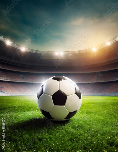 A soccer ball on a green grass stadium background; hyper realistic photo