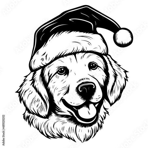 Cute golden retriever Dog wearing Santa hat head, Christmas illustration, Generative AI.