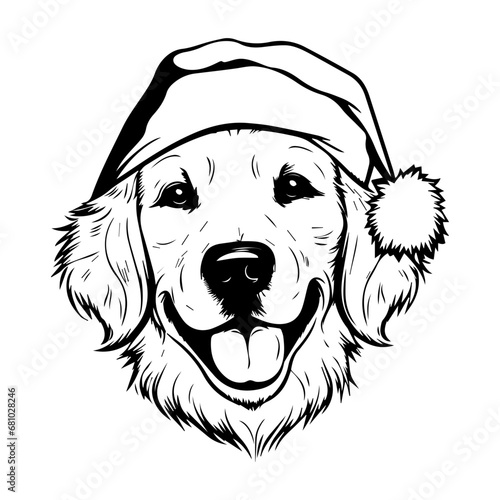 Cute golden retriever Dog wearing Santa hat head, Christmas illustration, Generative AI.