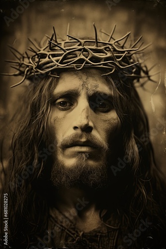 Jesus Christ wearing Crown of thorns. Crucifixion of our lord. Ai generative
