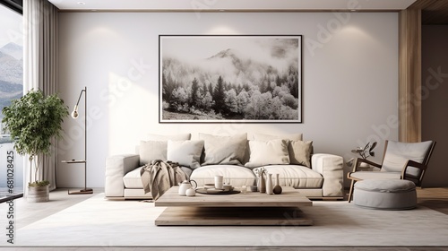 Blank flyer poster interior living room isolated on grey to replace your design photo