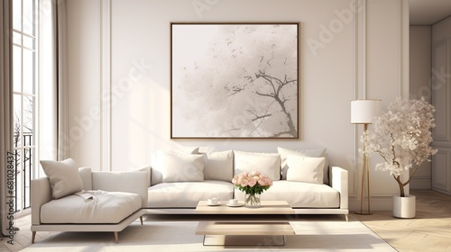 Blank flyer poster interior living room isolated on grey to replace your design