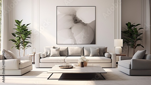 Blank flyer poster interior living room isolated on grey to replace your design