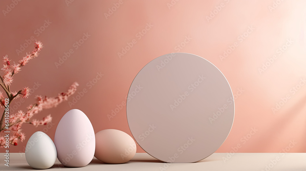 Fototapeta premium Table with Easter eggs, product display, Easter podium display 