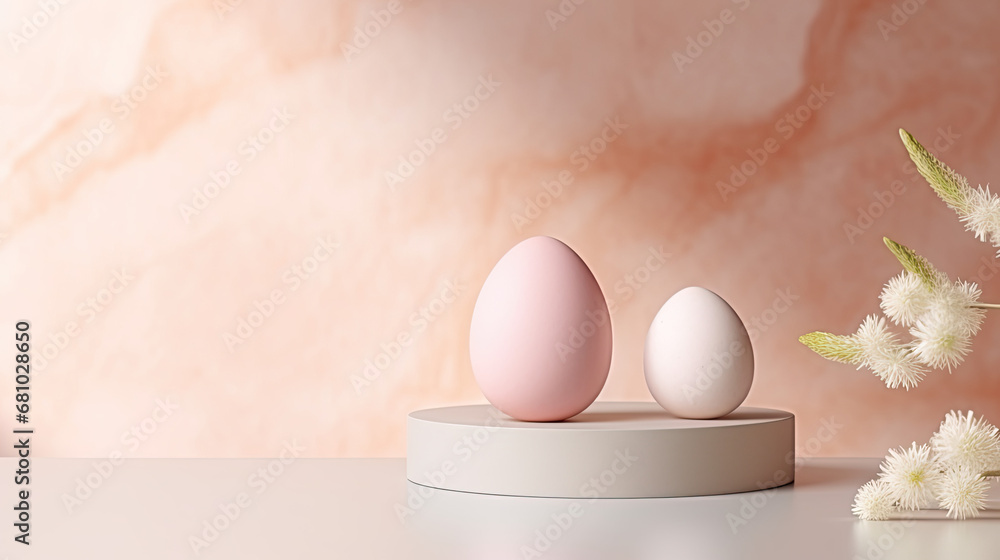 Fototapeta premium Table with Easter eggs, product display, Easter podium display 
