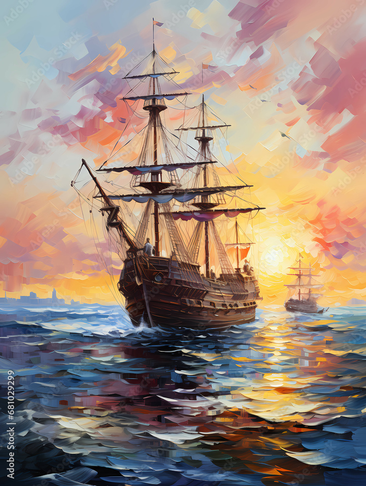 Naklejka premium A Painting Of A Ship In The Ocean - The ships of Christopher Columbus