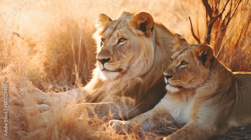 Image close up photographic portrait of lion. in the savanna. Animal background. © Kartika