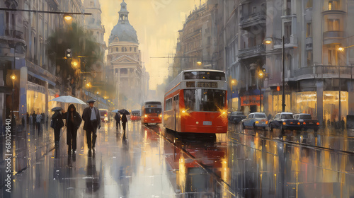 Madrid's Gran Via in a rainy weather. Original oil painting on canvas.