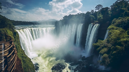 Summer landscape with waterfall  forest and clouds