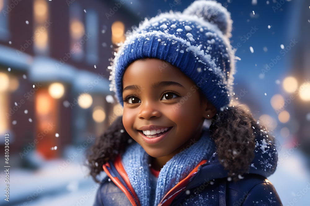 Joyful African American Girl Enjoying Snowfall. Generative AI Joyful African American Girl Enjoying Snowfall. Generative AI