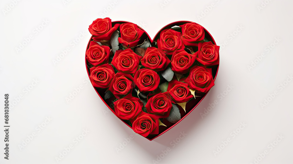 Heart shaped red gift box with red roses on white background.Valentine's Day banner. Heart shaped red gift box with red roses on white background.Valentine's Day banner.