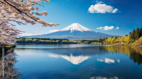 illustration of japanese mountain landscape background, mount fuji japan vector style background for wall art print decor poster design photo