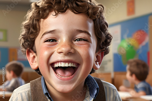 Laughing Little Jewish Boy with a Joyful Expression while at School. Generative AI