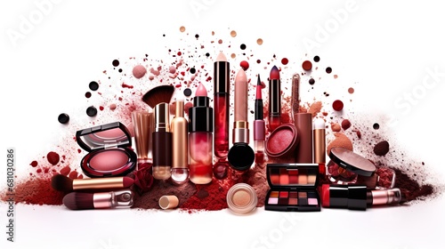 Abstract flat lay background with professional make-up products. Beauty industry accessories. Top view