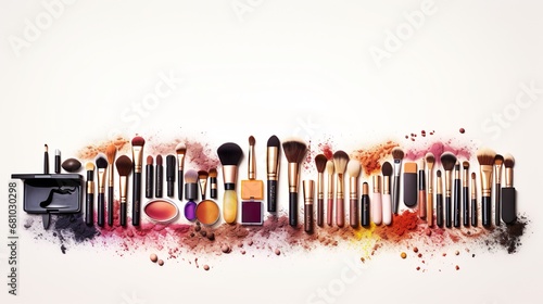 Abstract flat lay background with professional make-up products. Beauty industry accessories. Top view