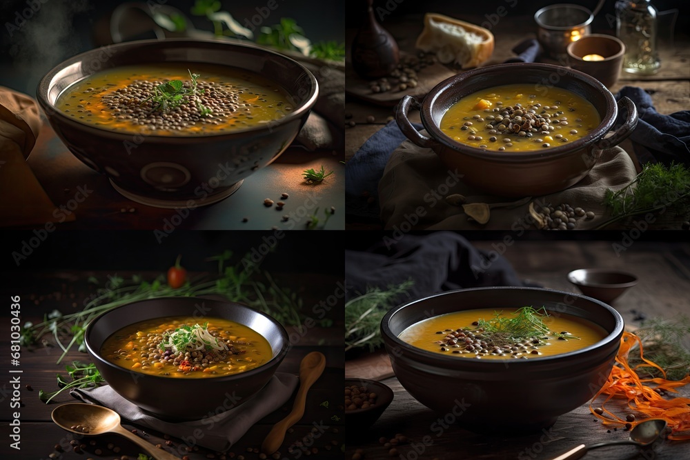 Lentils Soup, Lentil Meal in Bowl, Red Tomato Creamy Lentils Soup, Abstract Generative AI Illustration Lentils Soup, Lentil Meal in Bowl, Red Tomato Creamy Lentils Soup, Abstract Generative AI Illustration