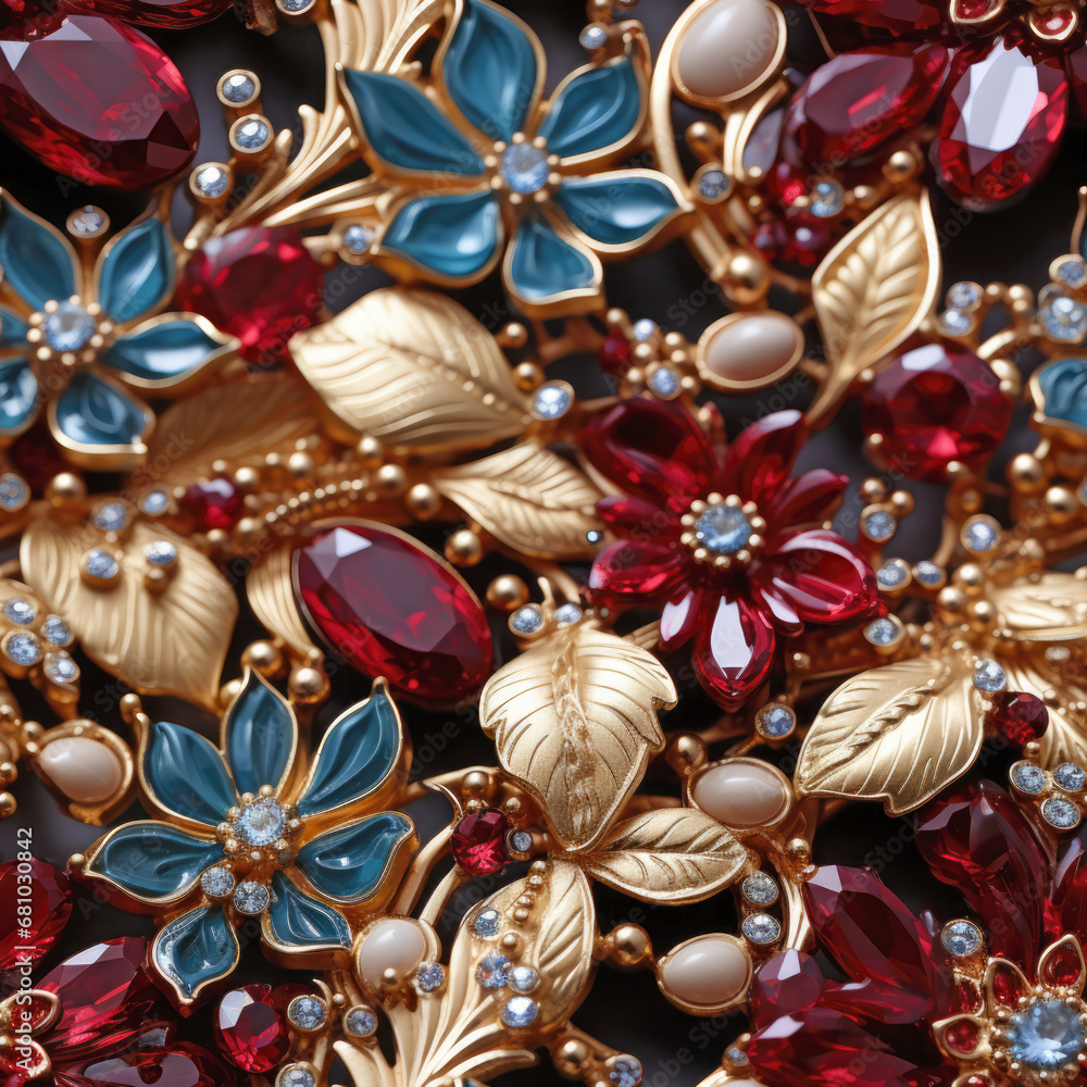 Luxury jewelry seamless pattern. Gold an gems background