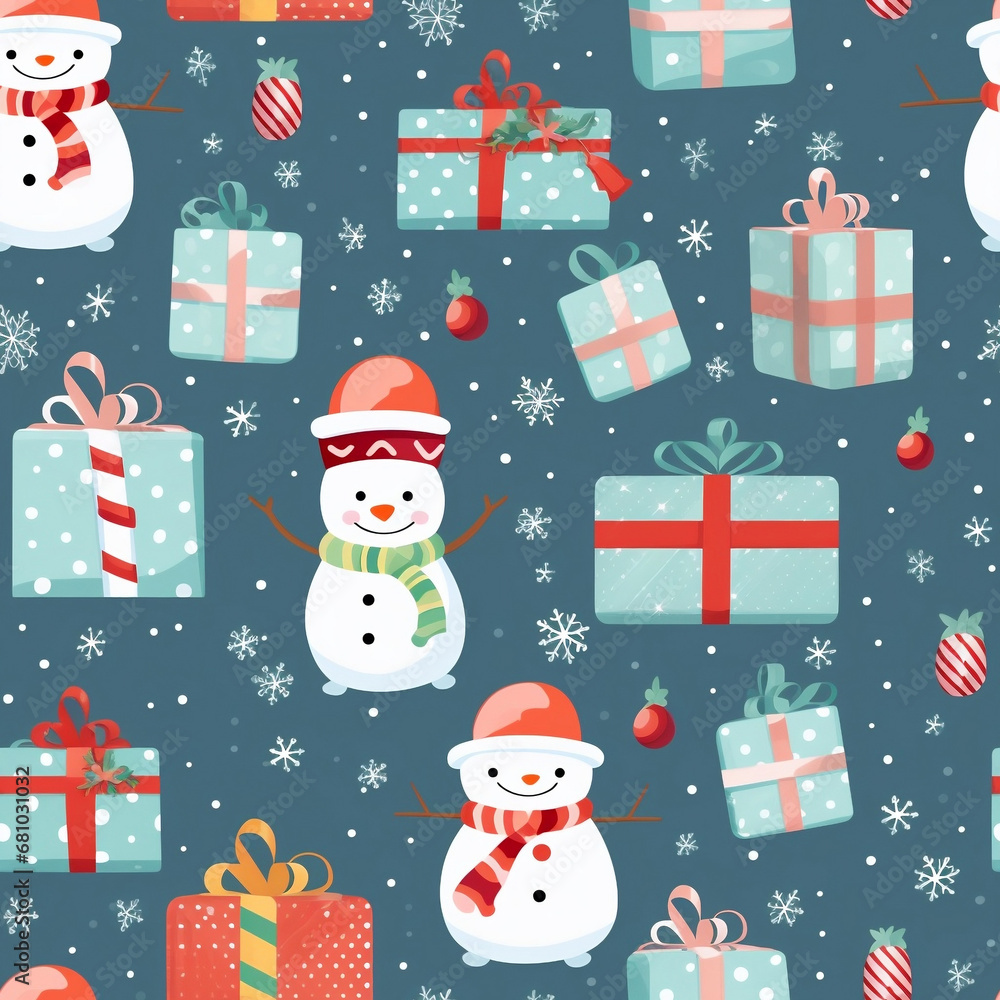 Christmas's present and Christmas holidays seamless pattern background with gifts, candy, toys, snowflakes. Cute Fun background with a winter holiday