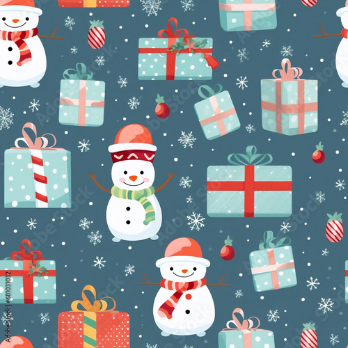 Christmas's present and Christmas holidays seamless pattern background with gifts, candy, toys, snowflakes. Cute Fun background with a winter holiday